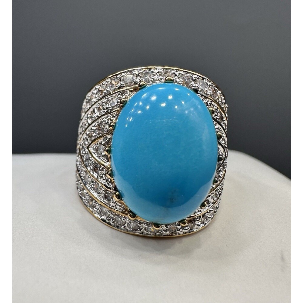 Huge 925 Turquoise Cabachon & Pave Crystal Sterling Silver Cocktail Ring 7.75